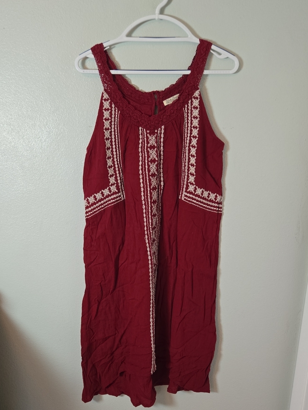 Lucky Brand | Red Embroidered Lace Trim Midi Dress Size Medium